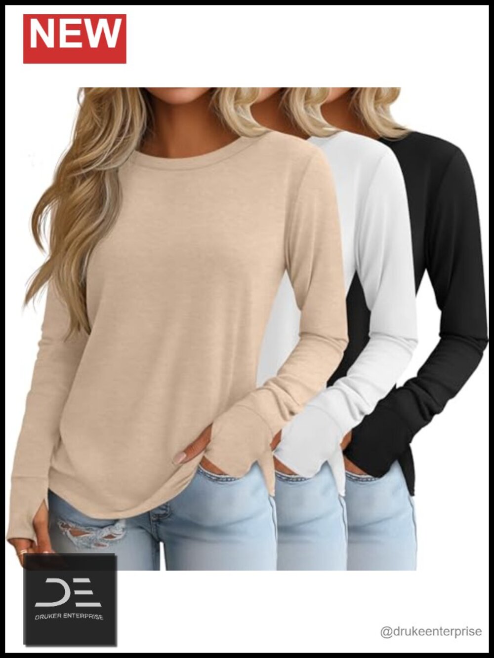 3 Pack Women's Long Sleeve Cotton Shirts With Thumb Holes, 95% Cotton, Tunic